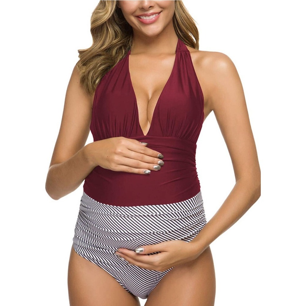 Ziola One Piece Maternity‎ Swimsuits Large  Halter, Wine Red- Stripe Women